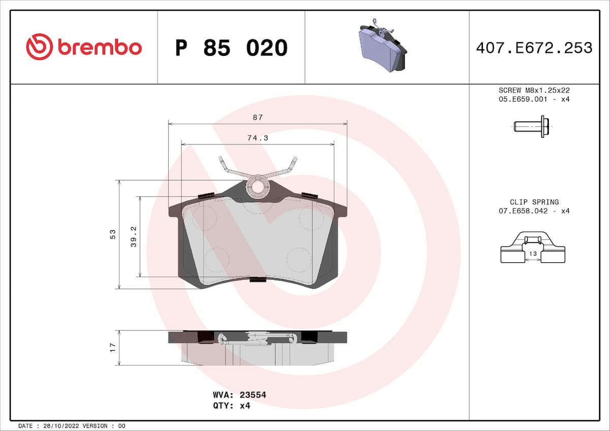 Bremžu uzliku kompl., Disku bremzes BREMBO P 85 020 1