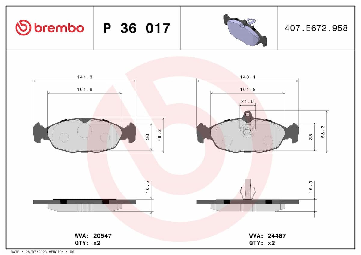 Bremžu uzliku kompl., Disku bremzes BREMBO P 36 017 1