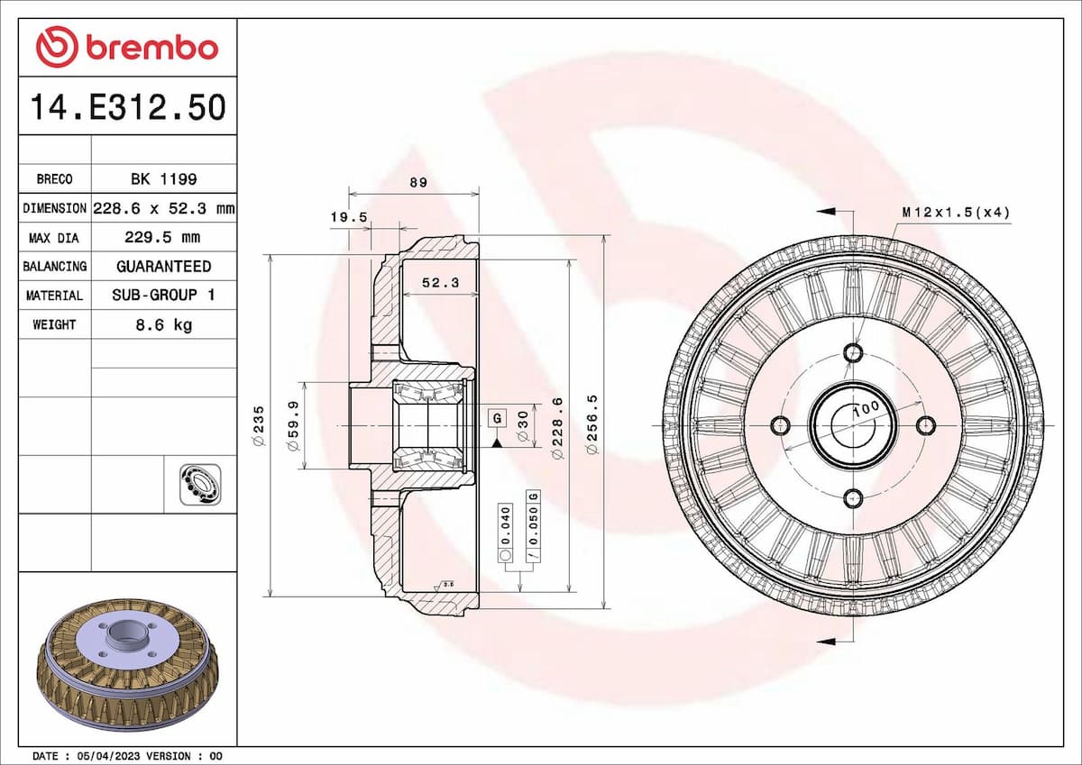 Bremžu trumulis BREMBO 14.E312.50 1