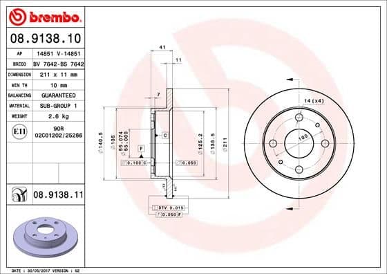 Bremžu diski BREMBO 08.9138.10 1