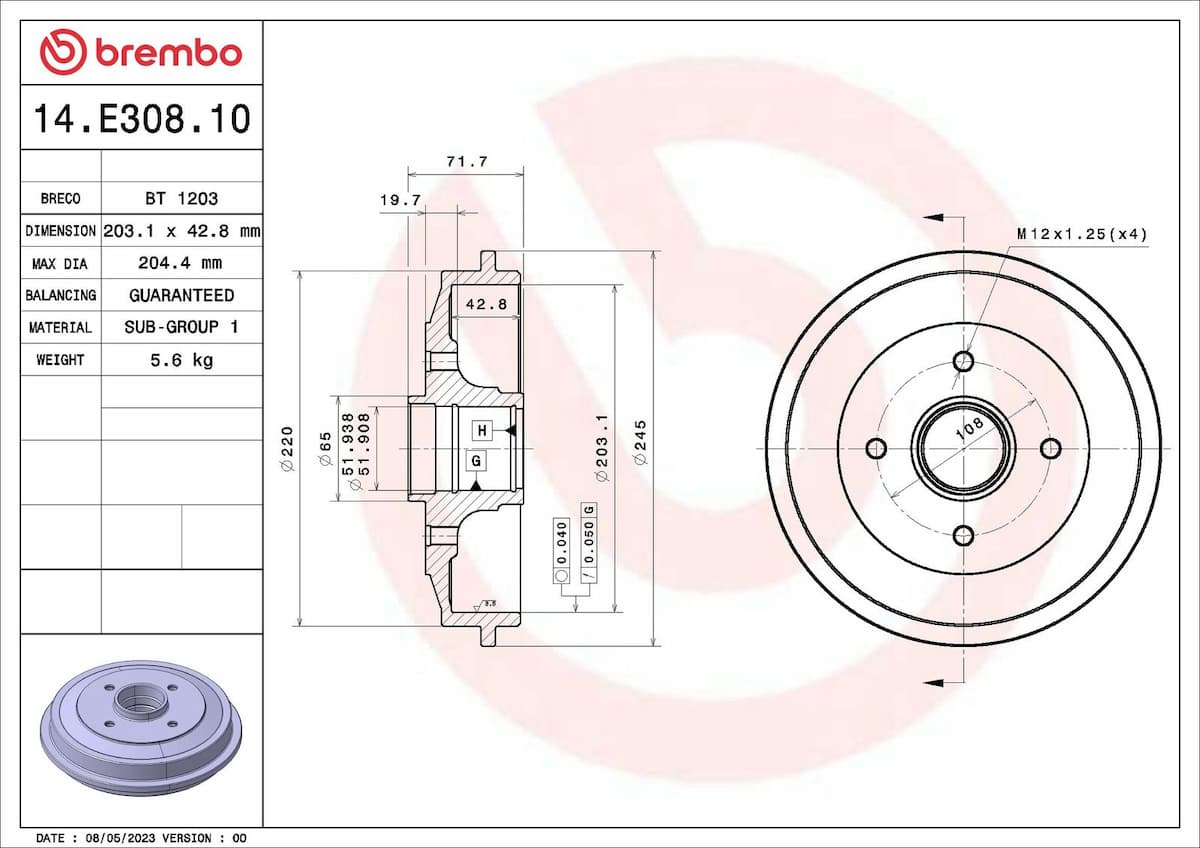 Bremžu trumulis BREMBO 14.E308.10 1