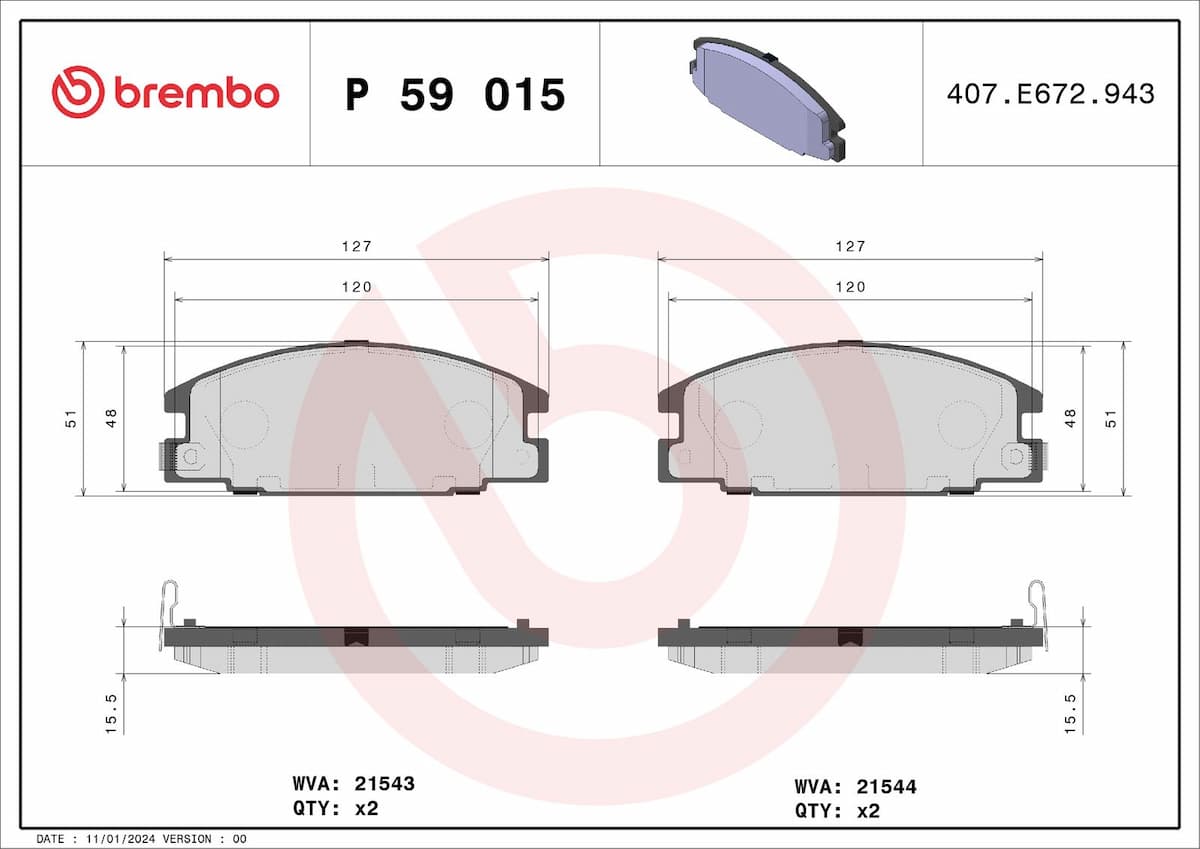 Bremžu uzliku kompl., Disku bremzes BREMBO P 59 015 1