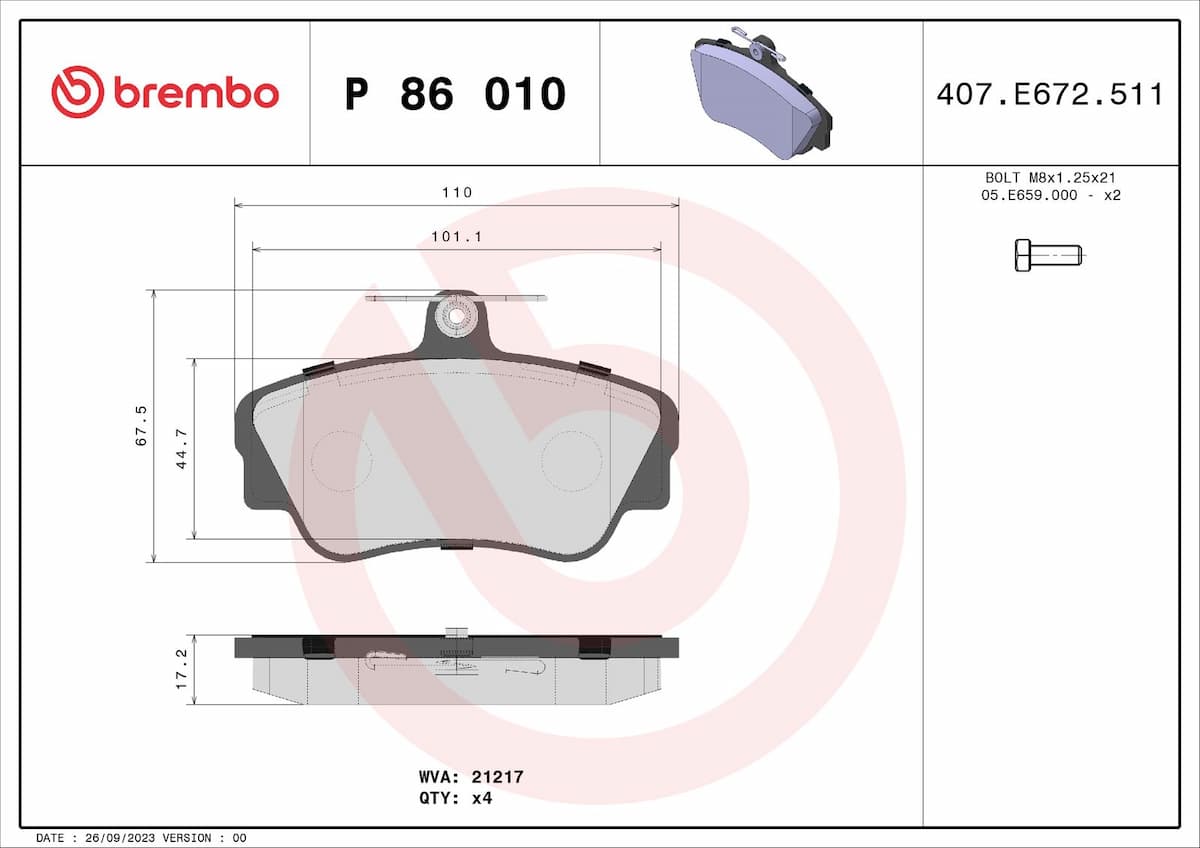 Bremžu uzliku kompl., Disku bremzes BREMBO P 86 010 1