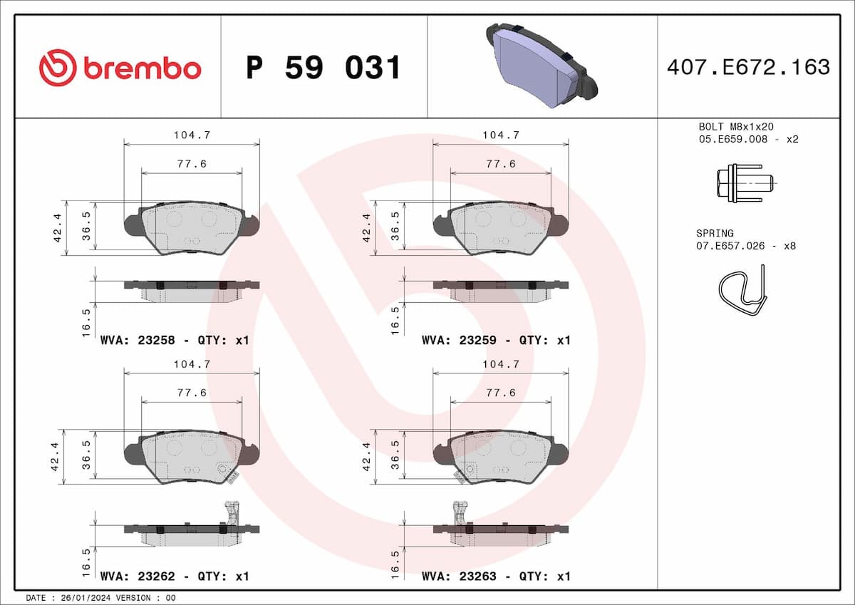 Bremžu uzliku kompl., Disku bremzes BREMBO P 59 031 1