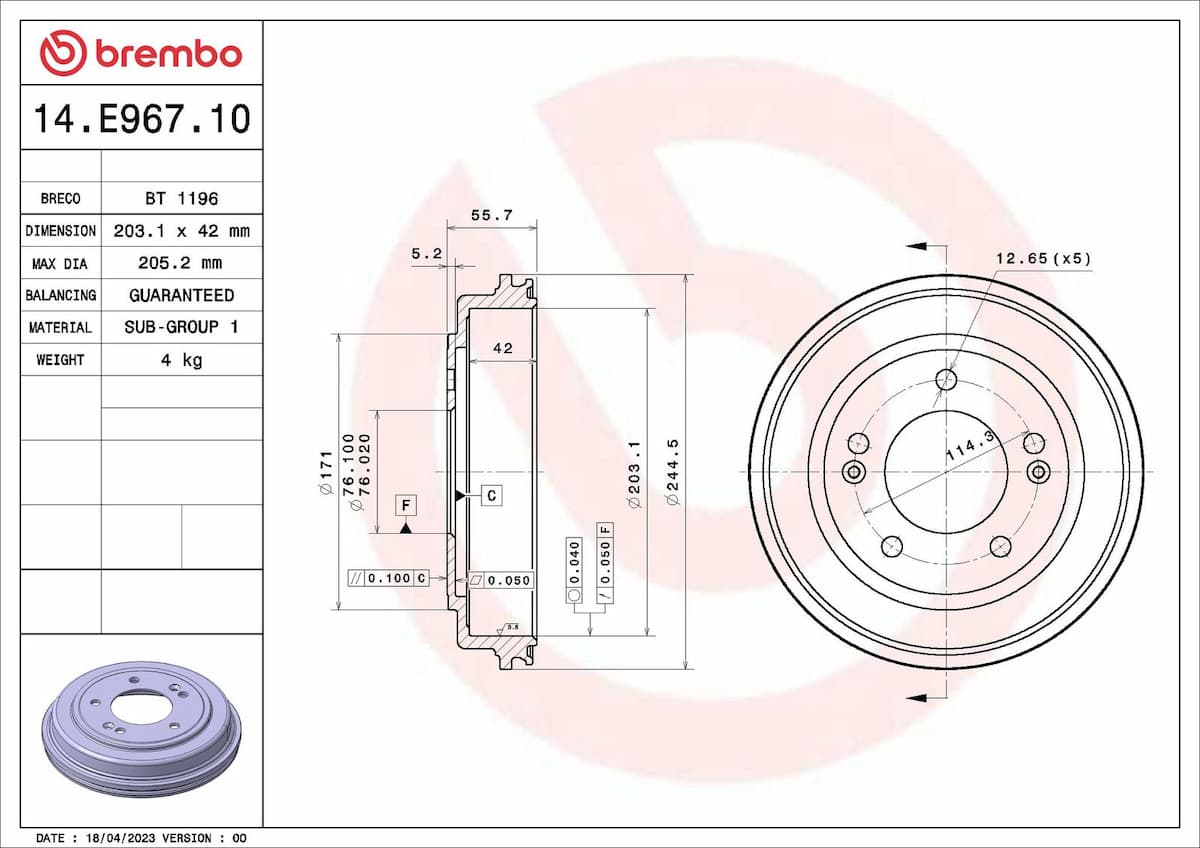 Bremžu trumulis BREMBO 14.E967.10 1