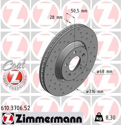 Bremžu diski ZIMMERMANN 610.3706.52 1