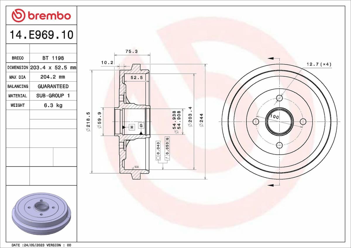 Bremžu trumulis BREMBO 14.E969.10 1