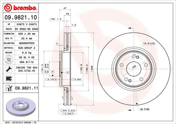 Bremžu diski BREMBO 09.9821.11 1