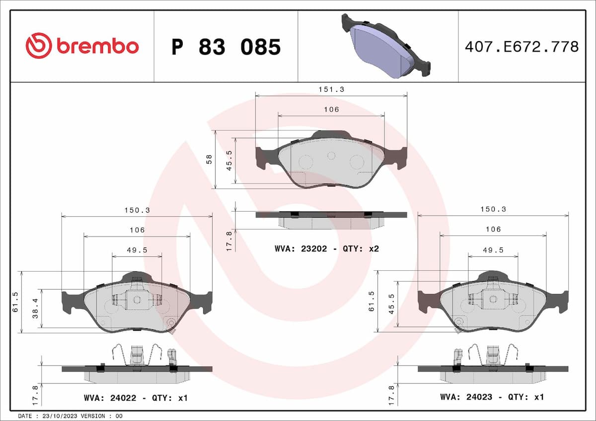 Bremžu uzliku kompl., Disku bremzes BREMBO P 83 085 1