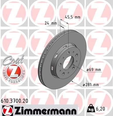 Bremžu diski ZIMMERMANN 610.3700.20 1