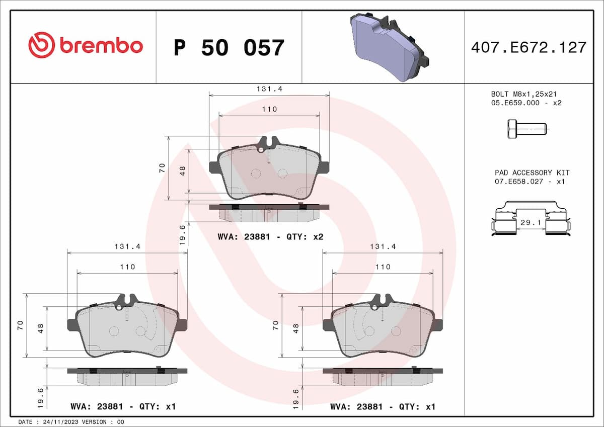 Bremžu uzliku kompl., Disku bremzes BREMBO P 50 057 1