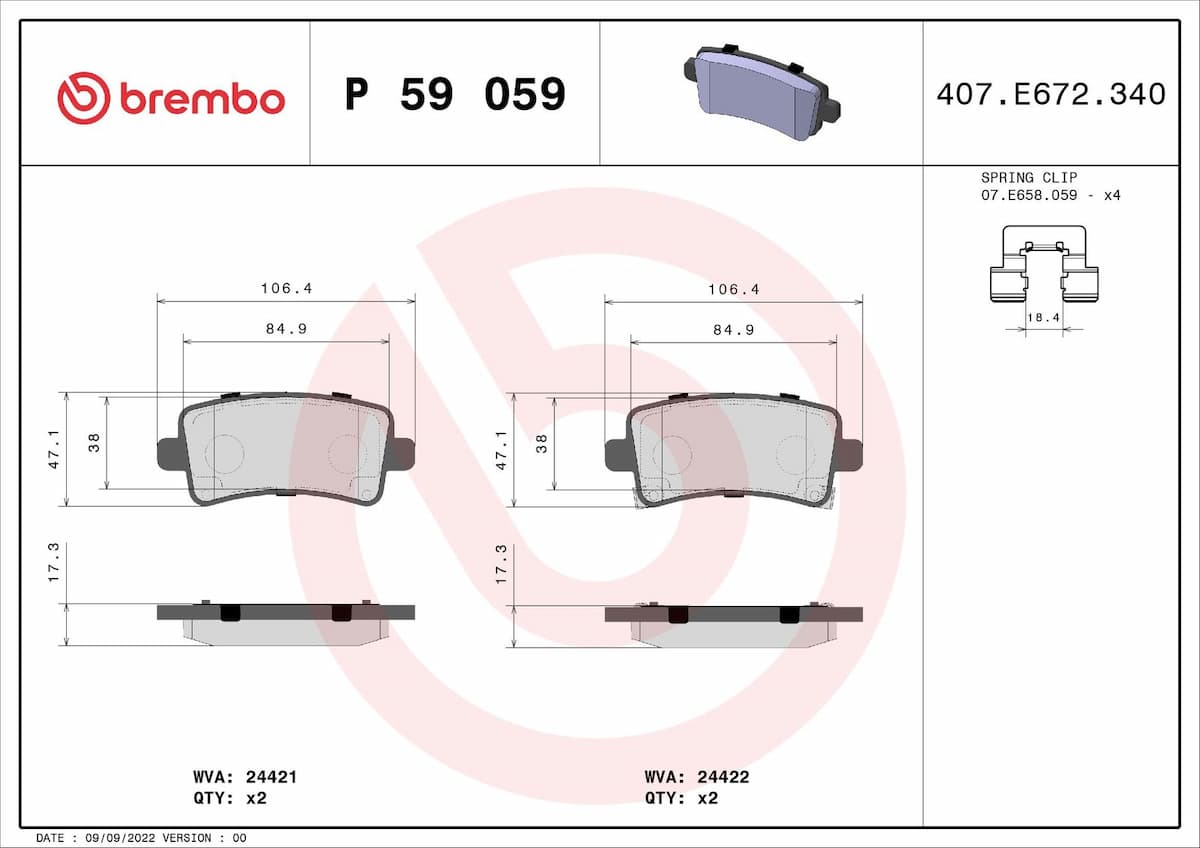 Bremžu uzliku kompl., Disku bremzes BREMBO P 59 059 1