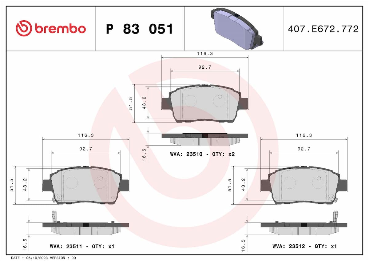 Bremžu uzliku kompl., Disku bremzes BREMBO P 83 051 1