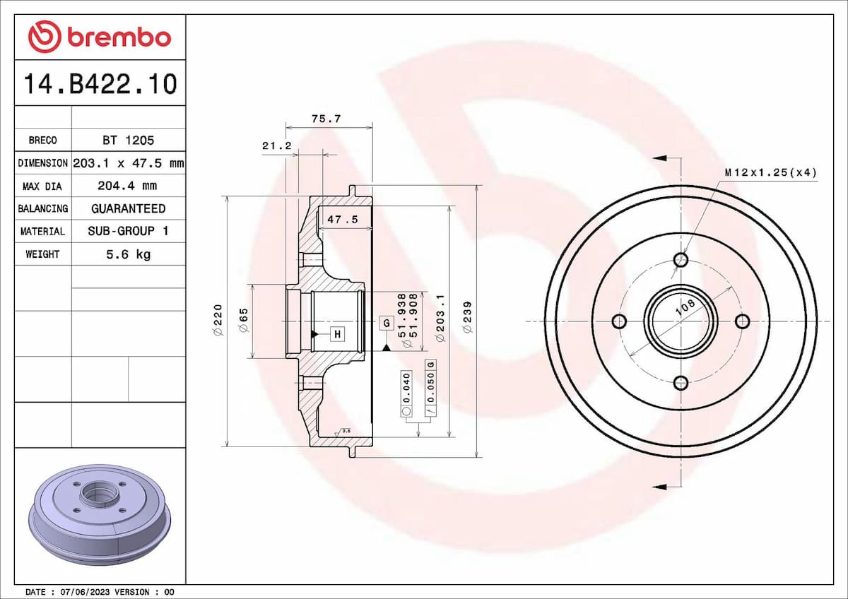 Bremžu trumulis BREMBO 14.B422.10 1