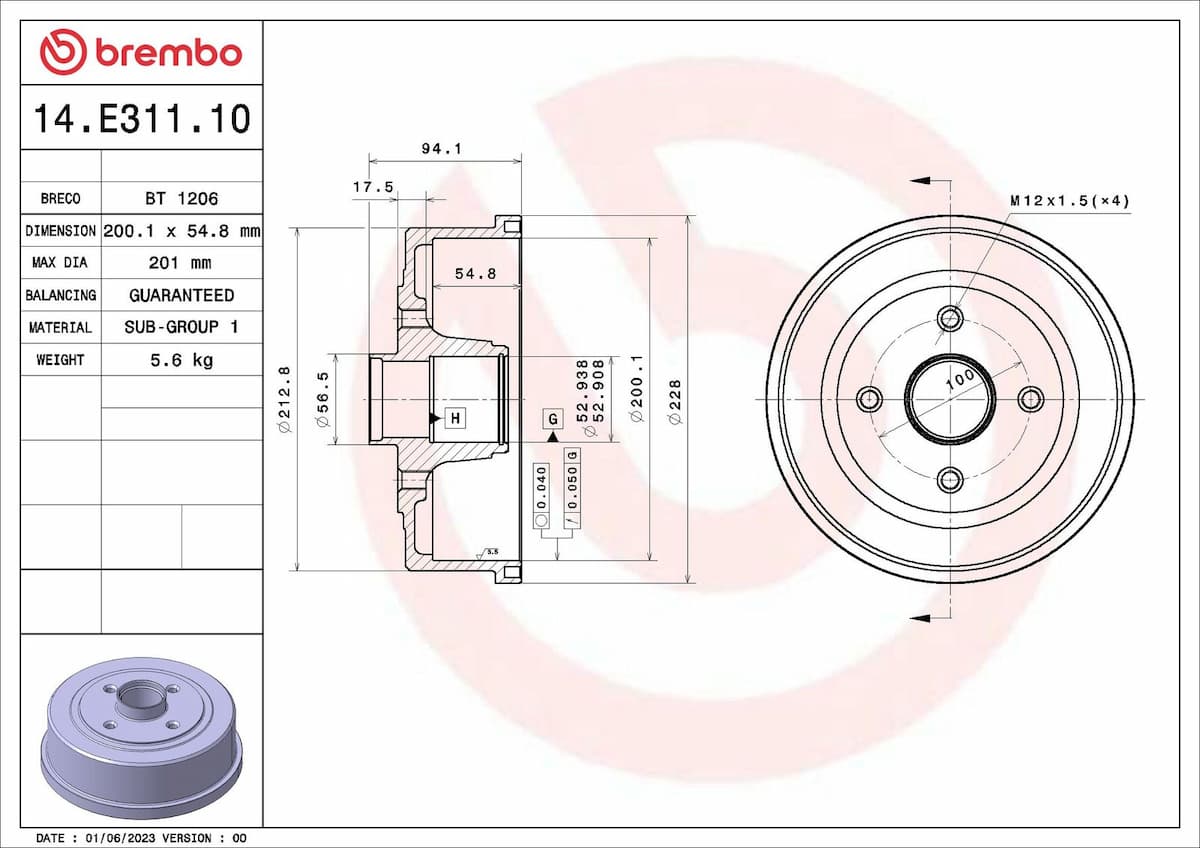 Bremžu trumulis BREMBO 14.E311.10 1