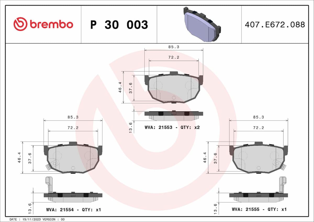 Bremžu uzliku kompl., Disku bremzes BREMBO P 30 003 1