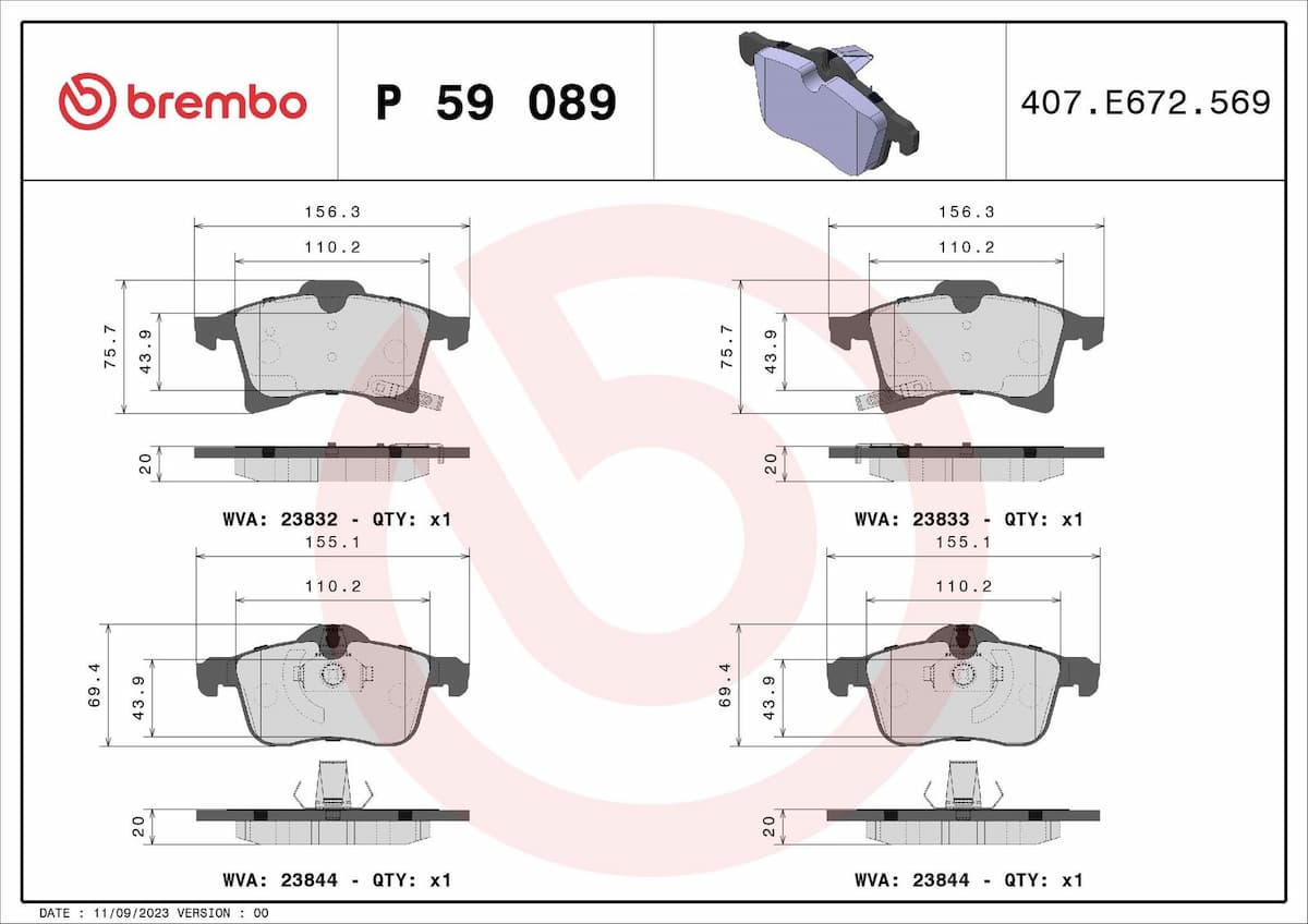 Bremžu uzliku kompl., Disku bremzes BREMBO P 59 089 1