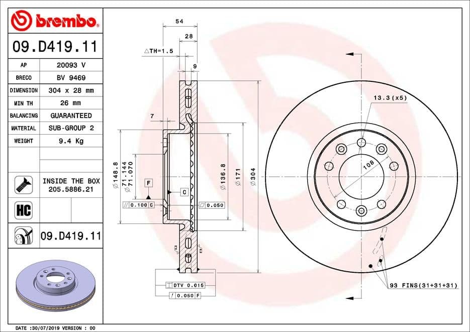 Bremžu diski BREMBO 09.D419.11 1