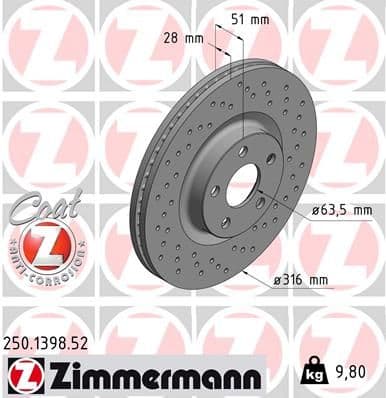 Bremžu diski ZIMMERMANN 250.1398.52 1