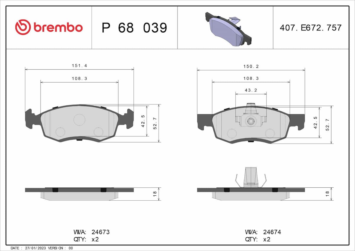 Bremžu uzliku kompl., Disku bremzes BREMBO P 68 039 1