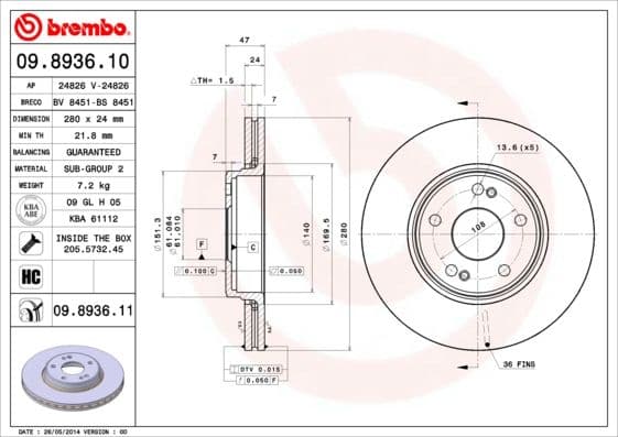 Bremžu diski BREMBO 09.8936.11 1