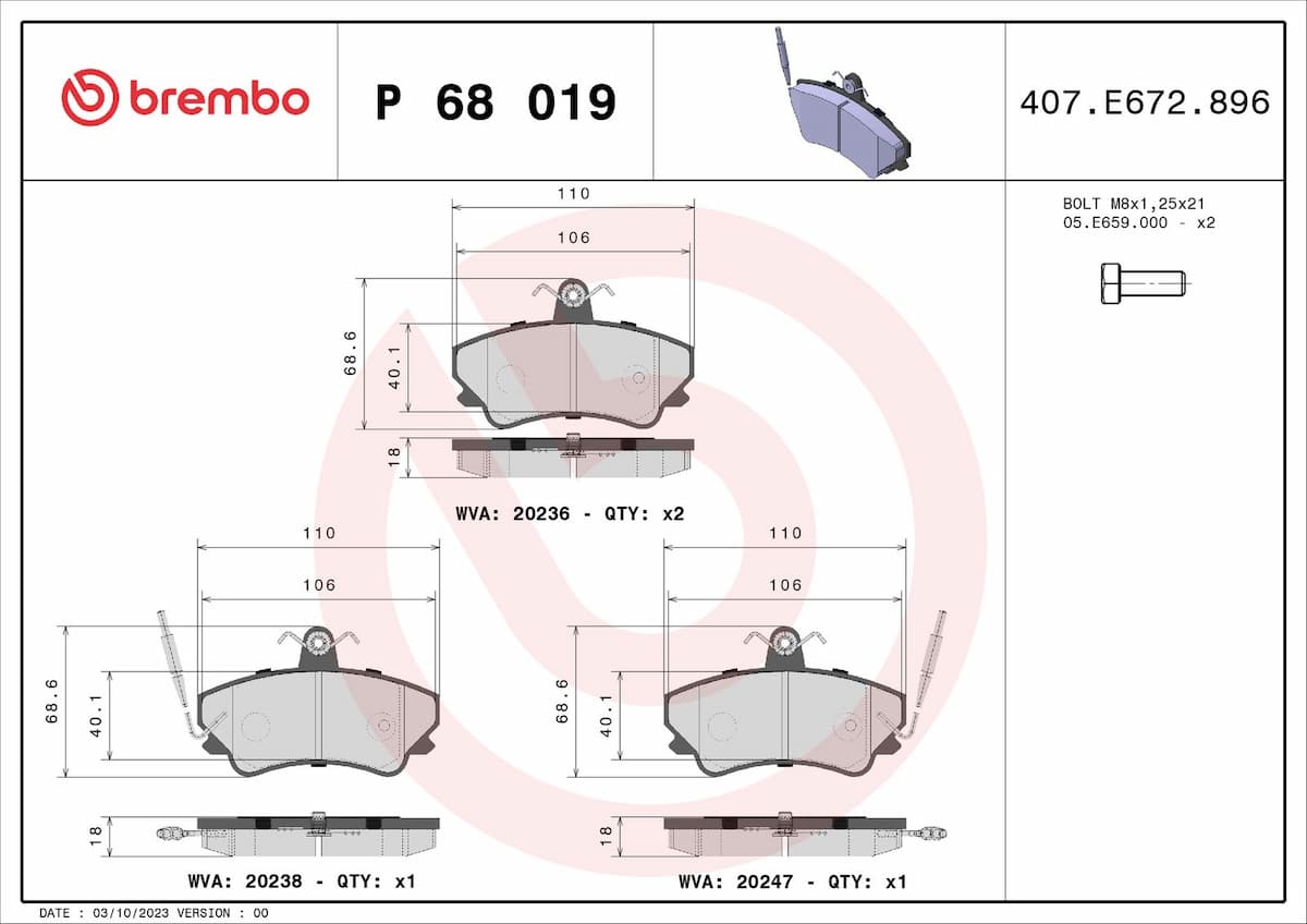 Bremžu uzliku kompl., Disku bremzes BREMBO P 68 019 1