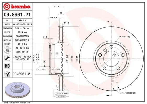 Bremžu diski BREMBO 09.8961.21 1