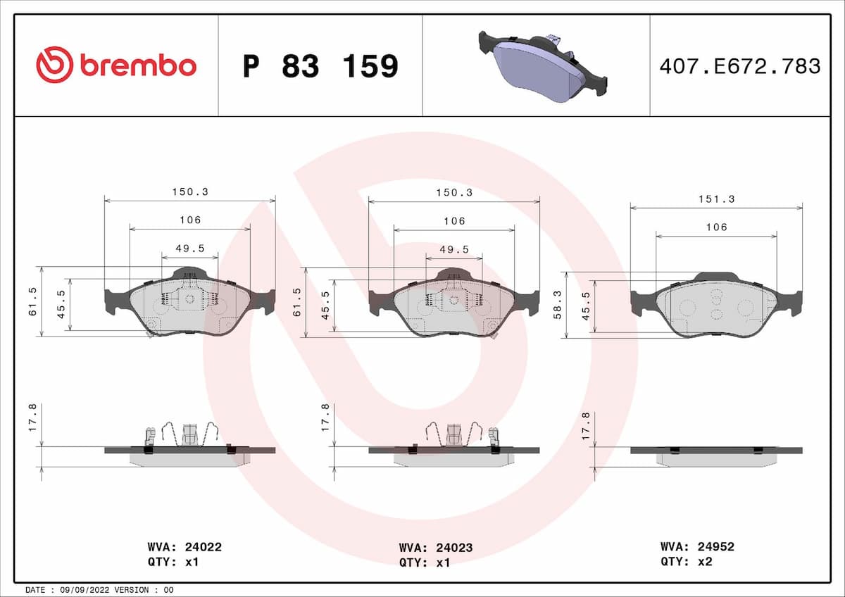 Bremžu uzliku kompl., Disku bremzes BREMBO P 83 159 1