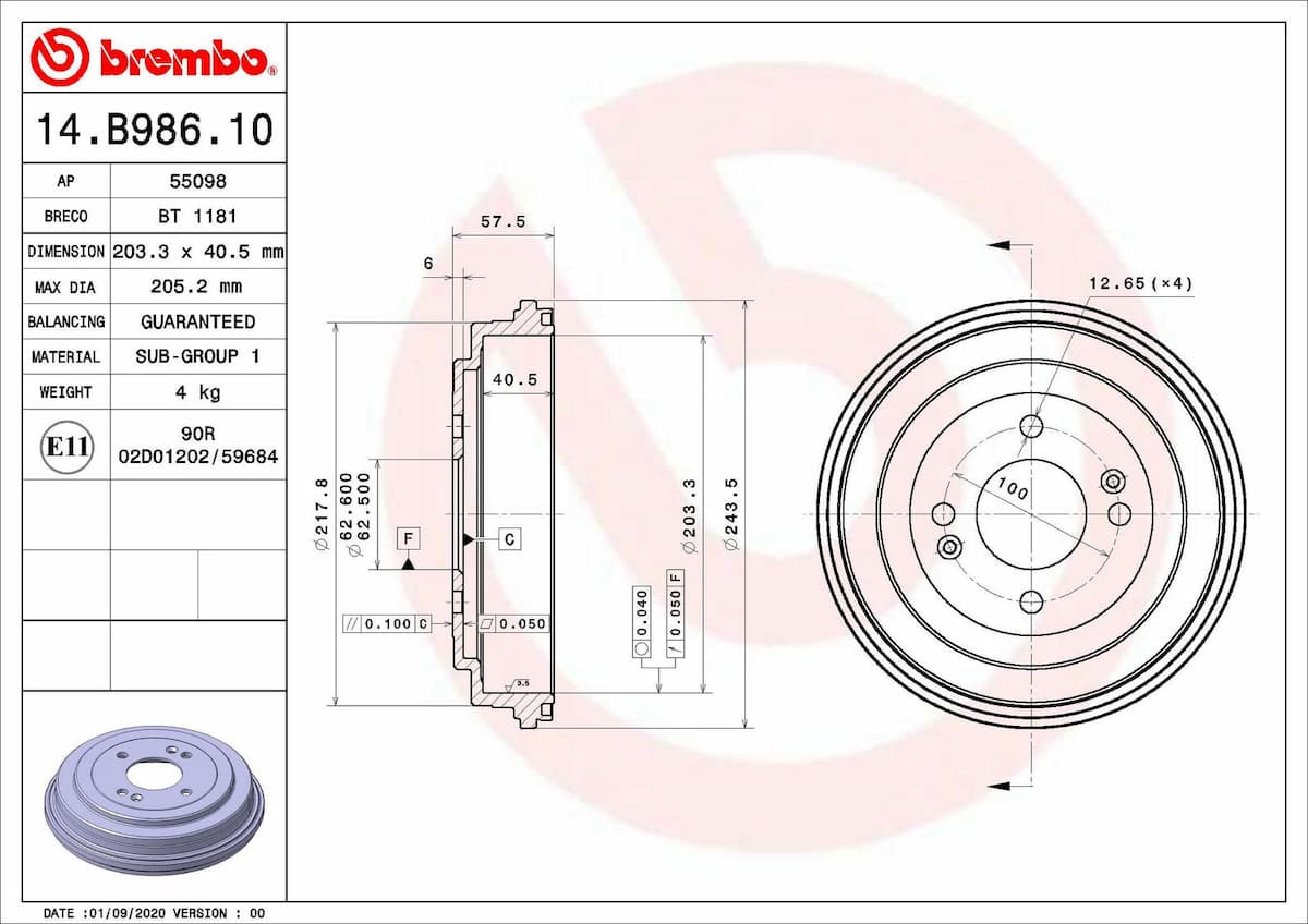 Bremžu trumulis BREMBO 14.B986.10 1