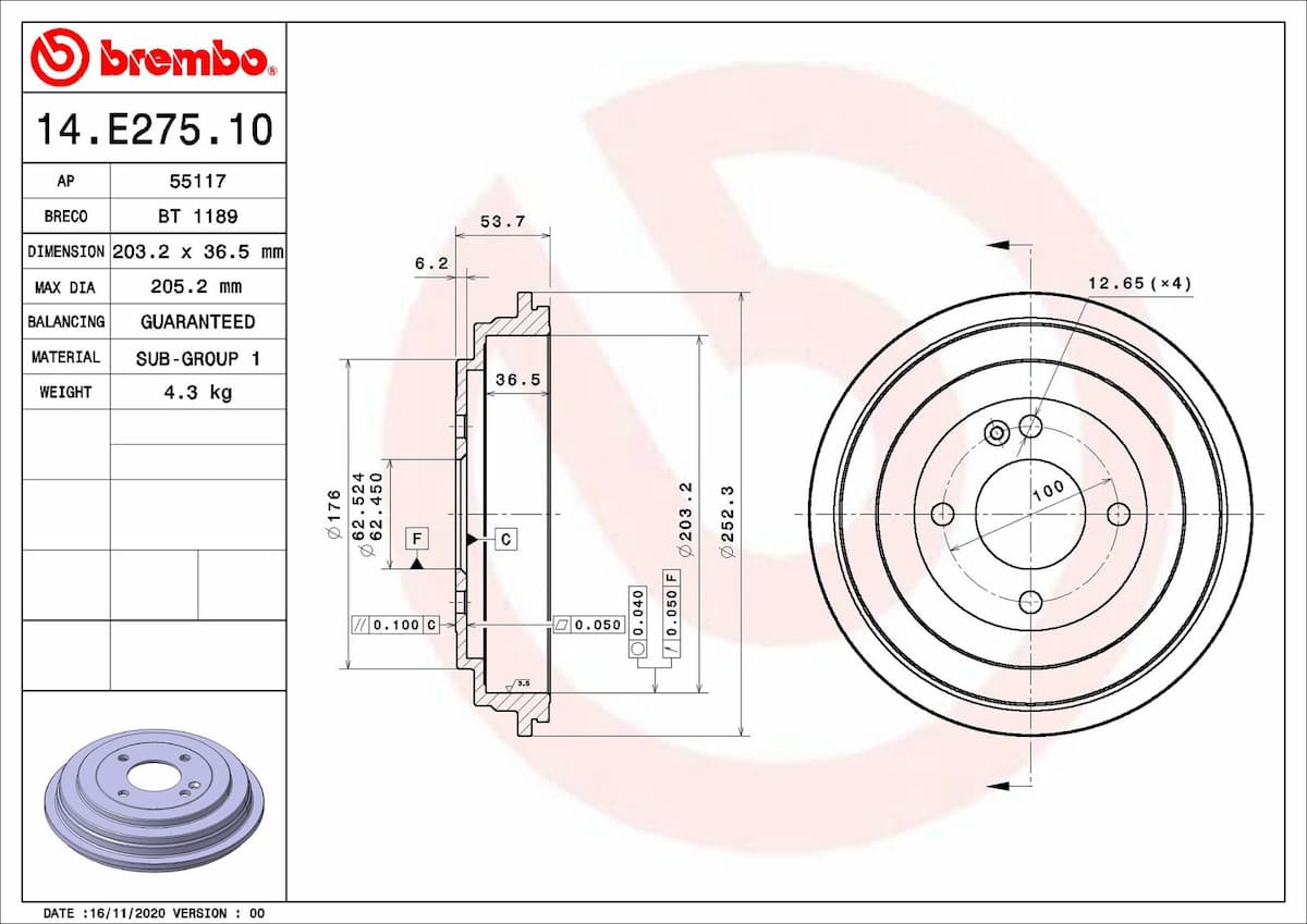 Bremžu trumulis BREMBO 14.E275.10 1