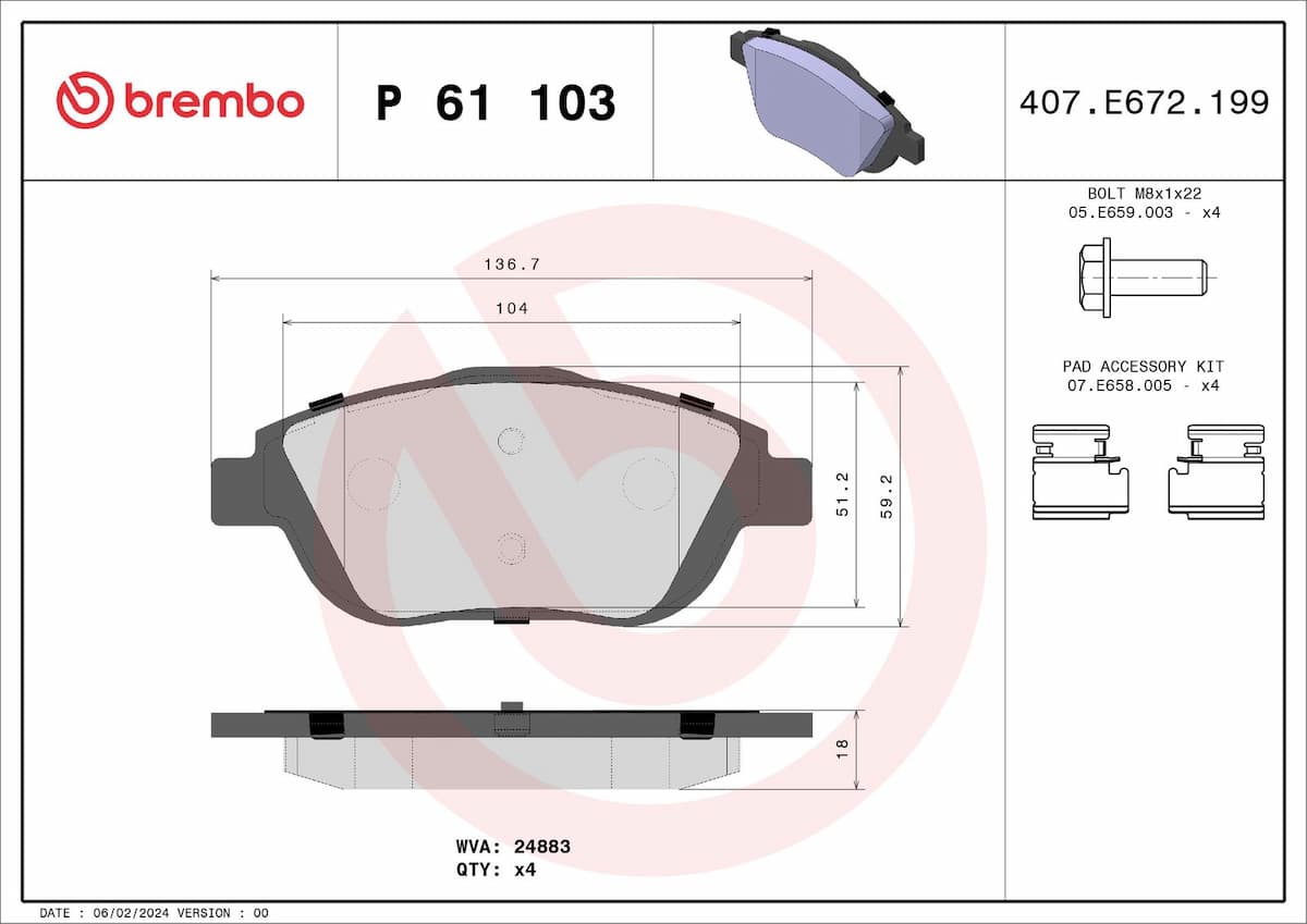 Bremžu uzliku kompl., Disku bremzes BREMBO P 61 103 1