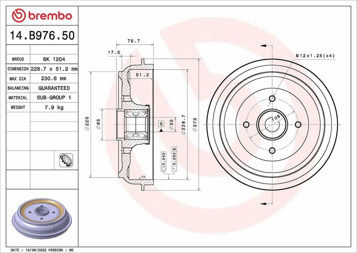 Bremžu trumulis BREMBO 14.B976.50 1