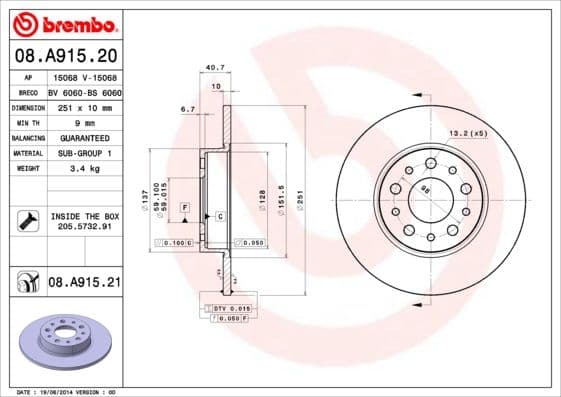 Bremžu diski BREMBO 08.A915.21 1