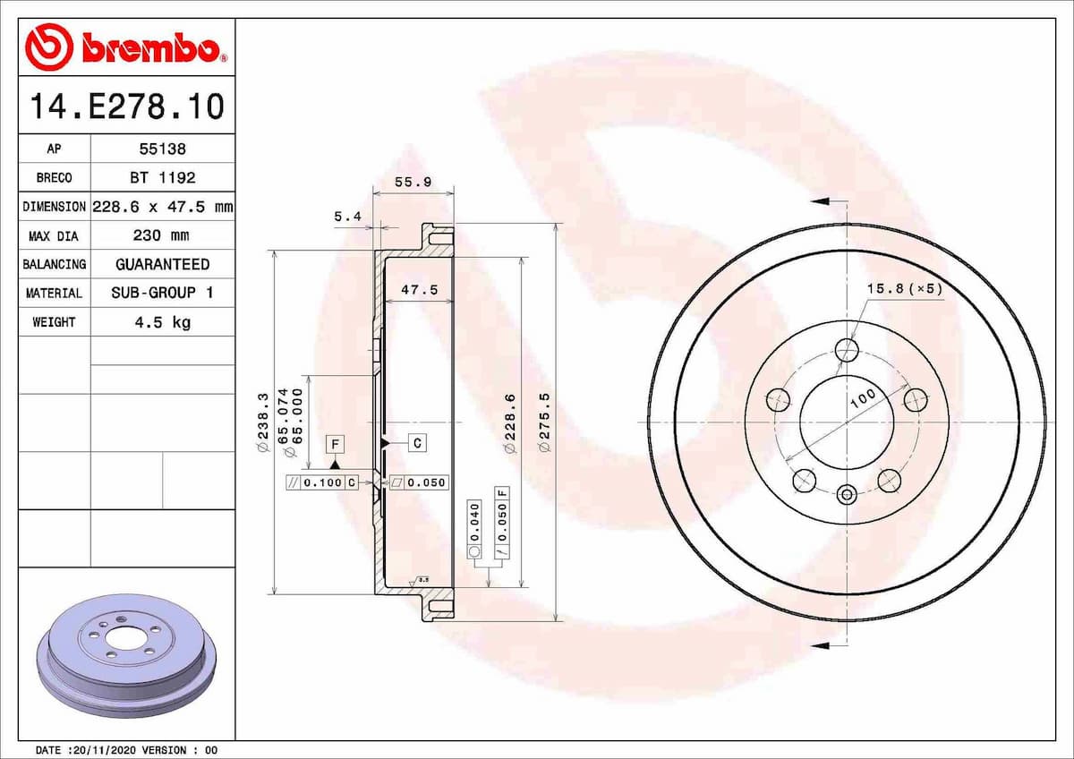 Bremžu trumulis BREMBO 14.E278.10 1