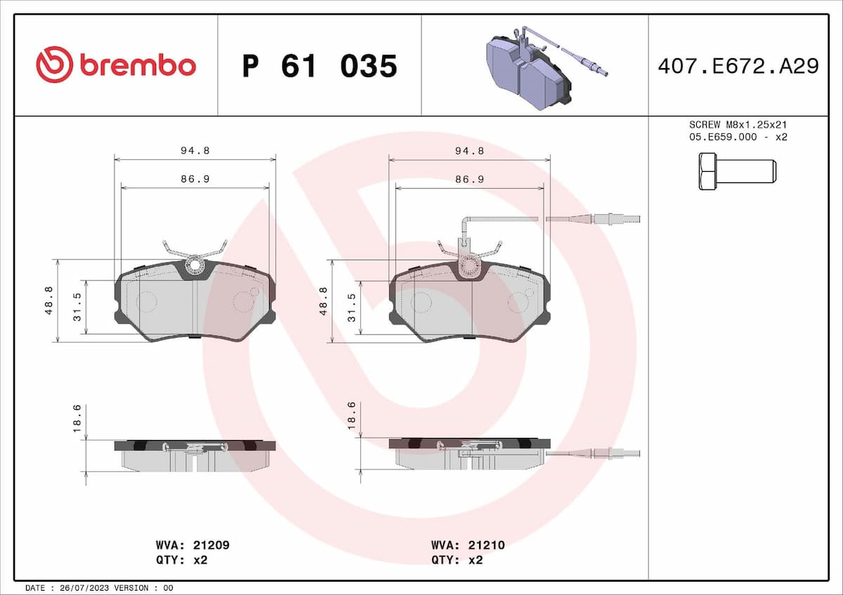 Bremžu uzliku kompl., Disku bremzes BREMBO P 61 035 1