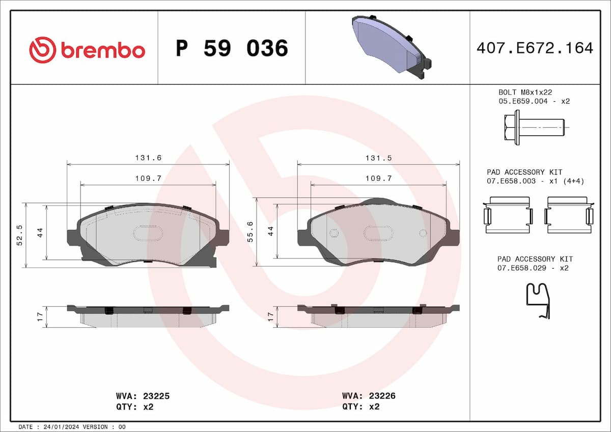 Bremžu uzliku kompl., Disku bremzes BREMBO P 59 036 1