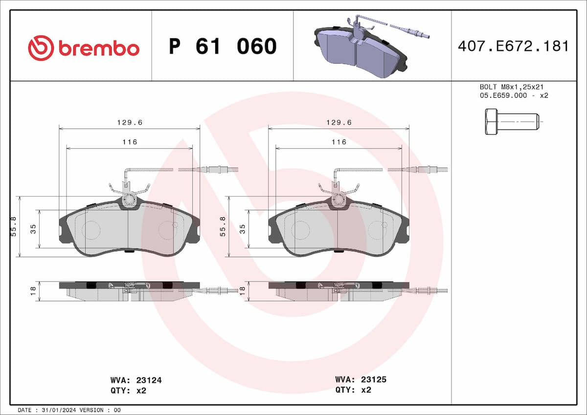 Bremžu uzliku kompl., Disku bremzes BREMBO P 61 060 1