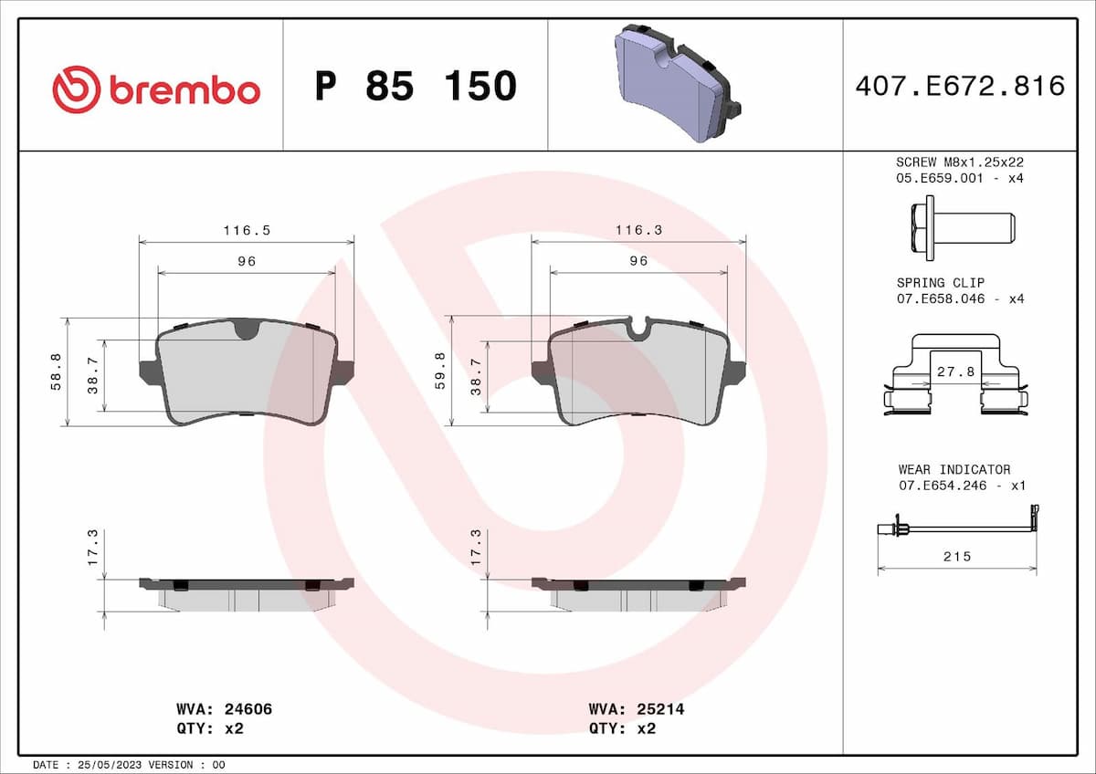 Bremžu uzliku kompl., Disku bremzes BREMBO P 85 150X 1