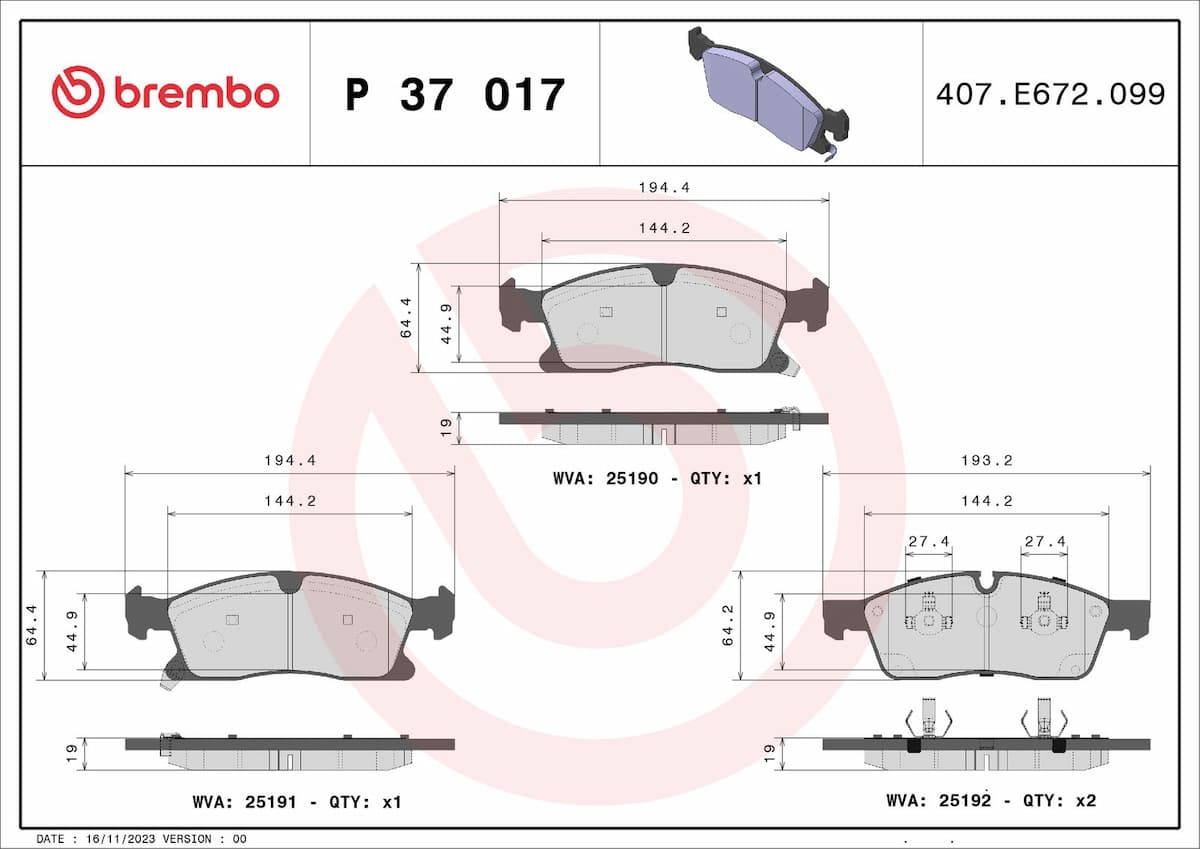 Bremžu uzliku kompl., Disku bremzes BREMBO P 37 017X 1