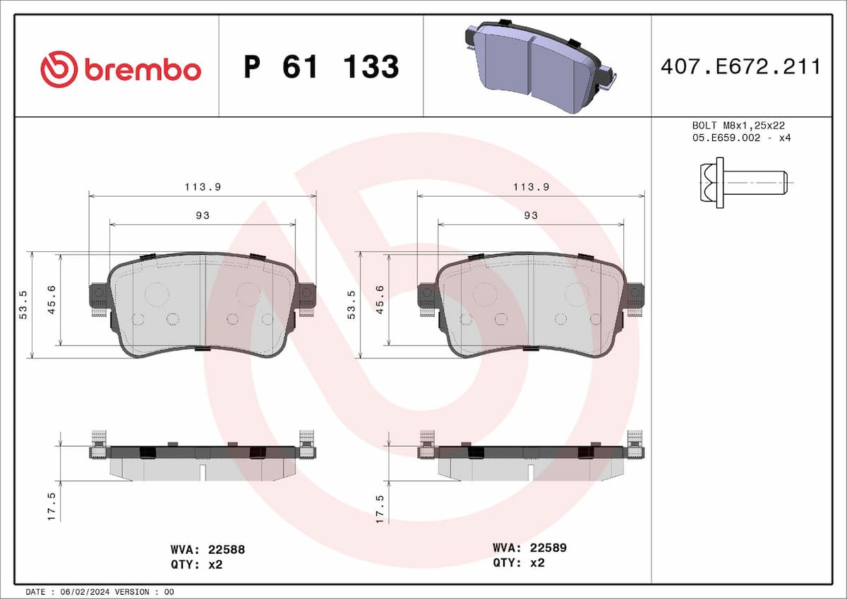 Bremžu uzliku kompl., Disku bremzes BREMBO P 61 133 1