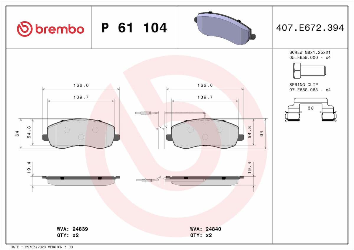 Bremžu uzliku kompl., Disku bremzes BREMBO P 61 104 1