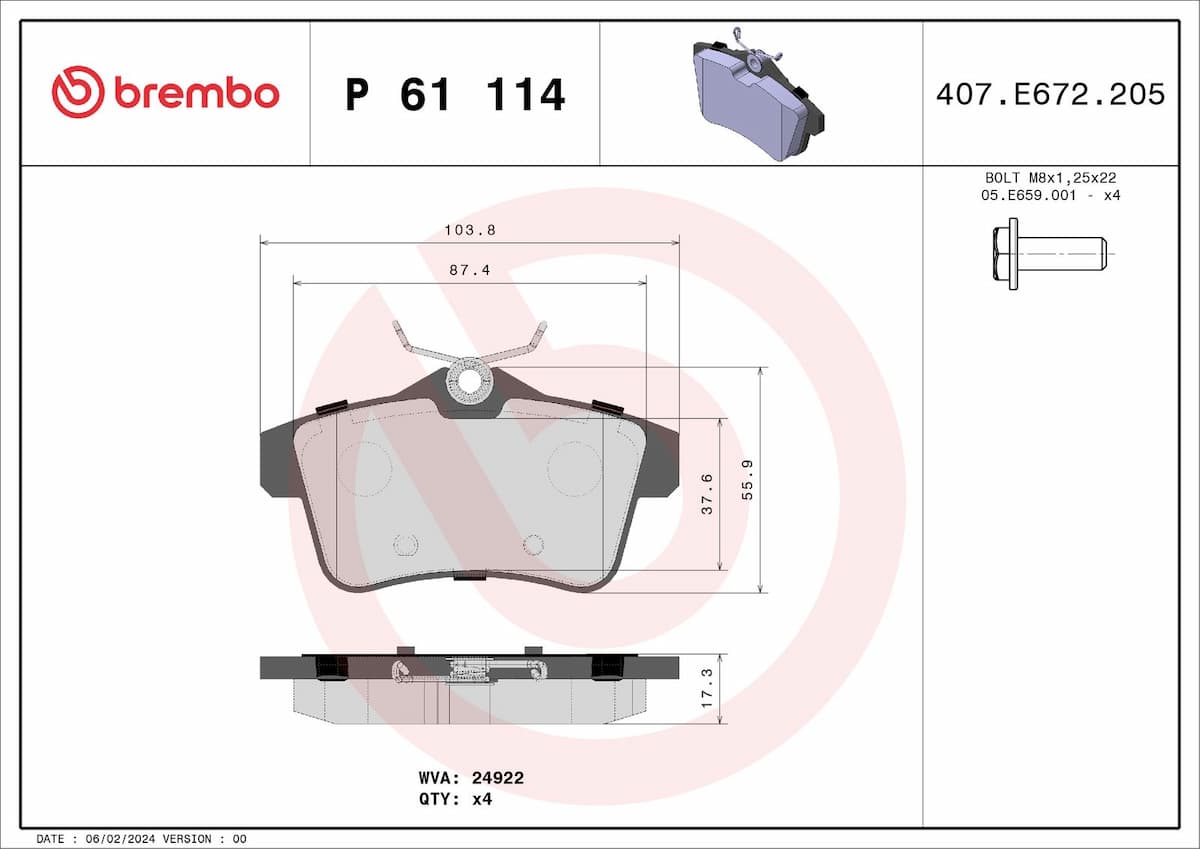 Bremžu uzliku kompl., Disku bremzes BREMBO P 61 114X 1