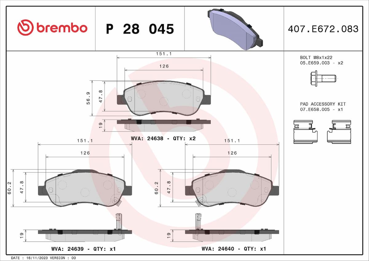 Bremžu uzliku kompl., Disku bremzes BREMBO P 28 045X 1