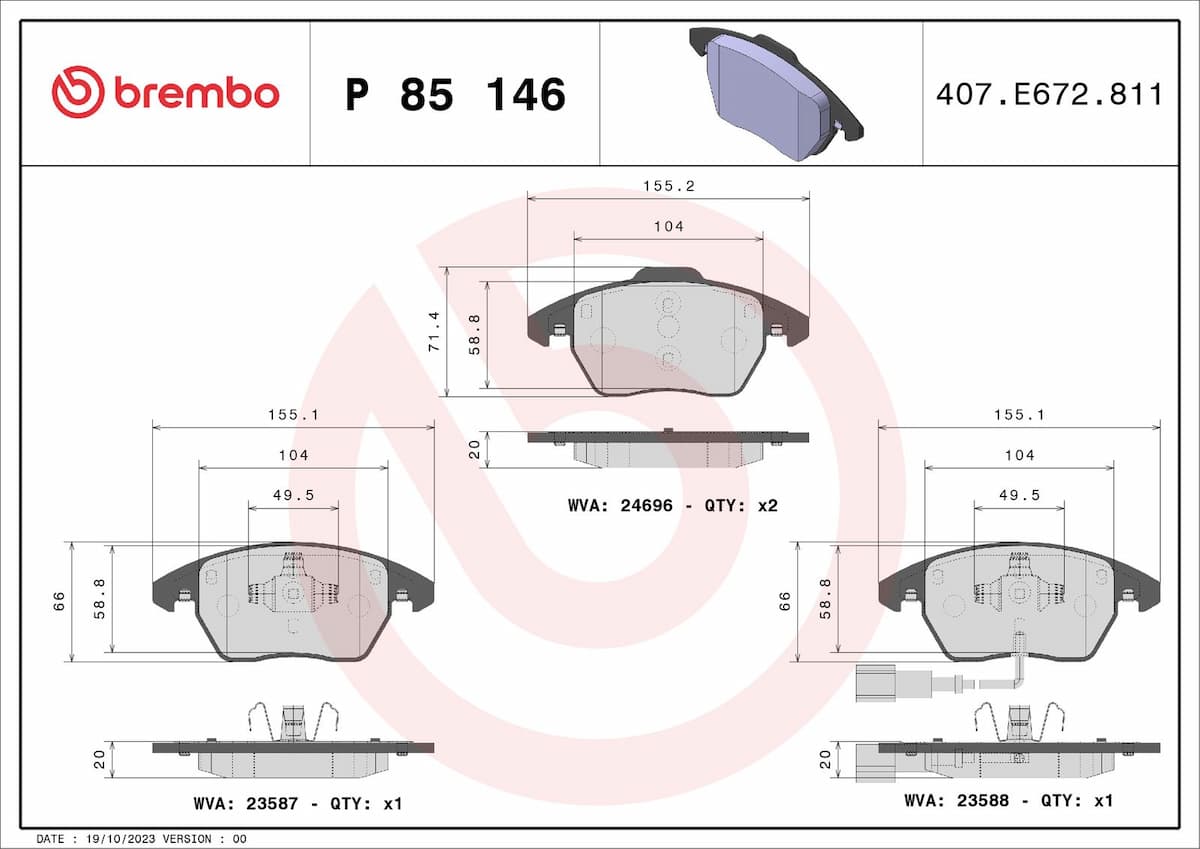 Bremžu uzliku kompl., Disku bremzes BREMBO P 85 146 1